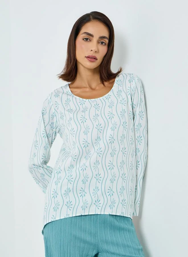 تايك تو طقم بلوزة مطبعة بأكمام طويلة وبنطال بملمس بارز للنساء